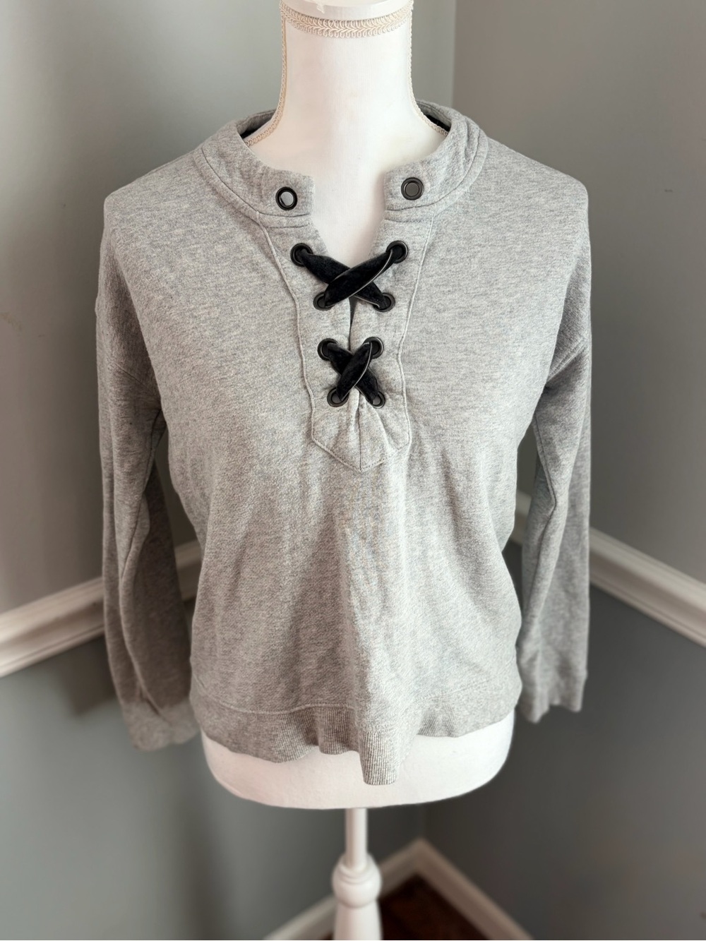 Rails Ryan Lace-Up Sweatshirt Heather Grey S Velvet Tie French Terry Pullover - Picture 3 of 10
